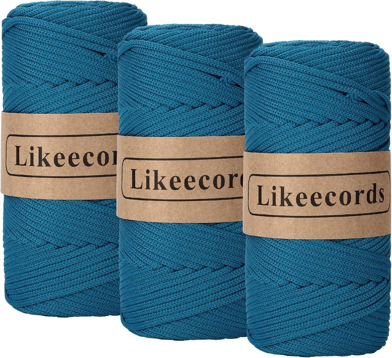 Likeecords 3 Skeins of 4mm Polyester Braided Macrame Cord 140Yard /426Feet,Elastic Yarn for Crocheting Bag Cord for DIY Crafts,Plant Hangers, Bag, and Home Decorations (Peacock Blue) - Image 1